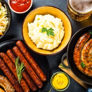Oktoberfest food - sausage, beer and bretzel